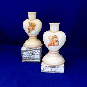 2 Hummel Goebel Angel Heart Shaped Ceramic Candle Holders / Candlesticks Vintage
